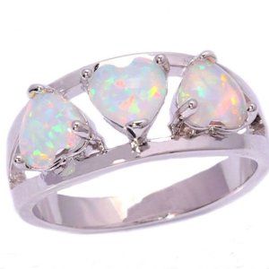 New - White Fire Opal Hearts Silver Ring - Size 5
